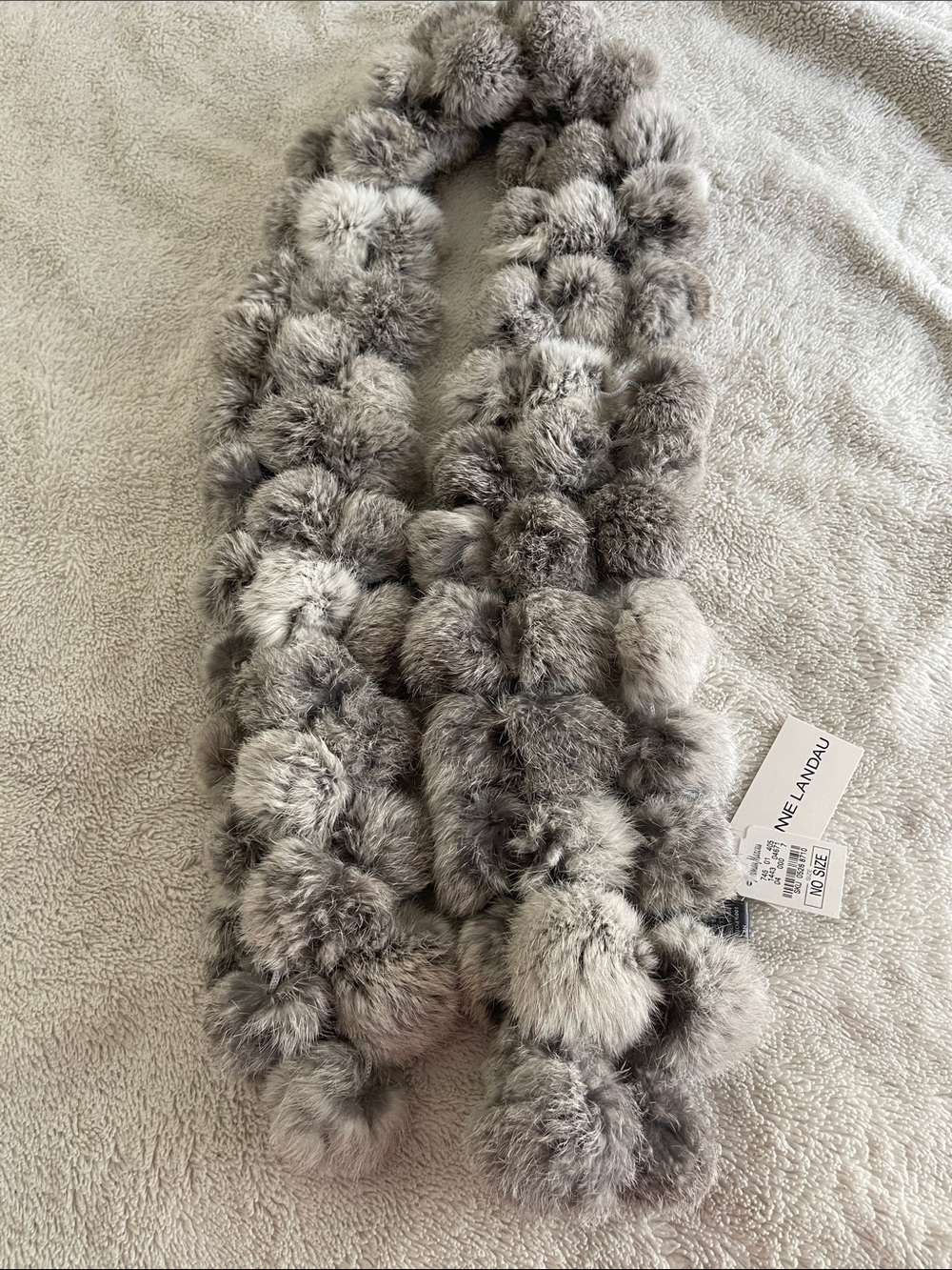 Adrienne Landau Grey Pom Pom Scarf Genuine Rabbit Fur Women’s one size New